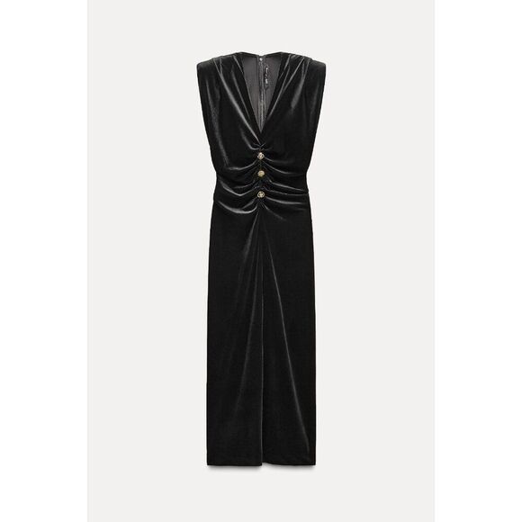 Zara Dresses & Skirts - Zara Womens Sheath Dress M Black Velvet Pleated With Metal Button 9977/185 NWT